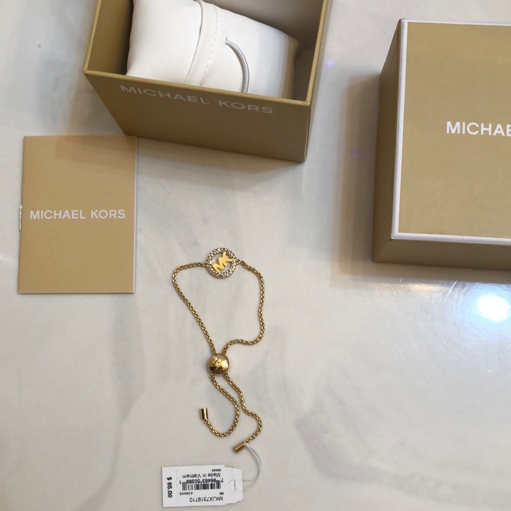 Michael Kors Gold Tone Slider Bracelet Open Frame Circle & MK Logo Crystal NWT